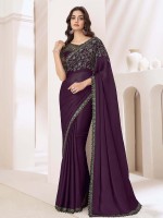 Dark Plum Satin Chiffon Saree